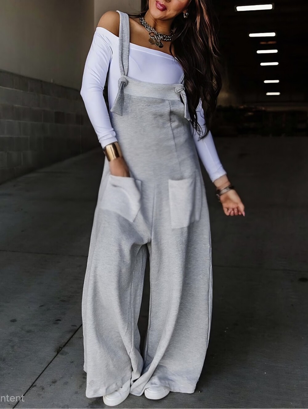Chicme Light Gray Wide-Leg Knot-Strap Jumpsuit Size XL, New Without Tags! - Picture 2 of 13